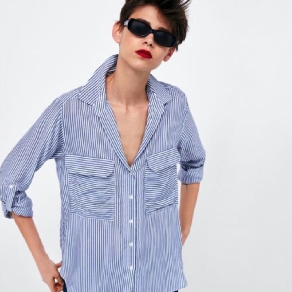 Zara Woman striped button down blouse pockets